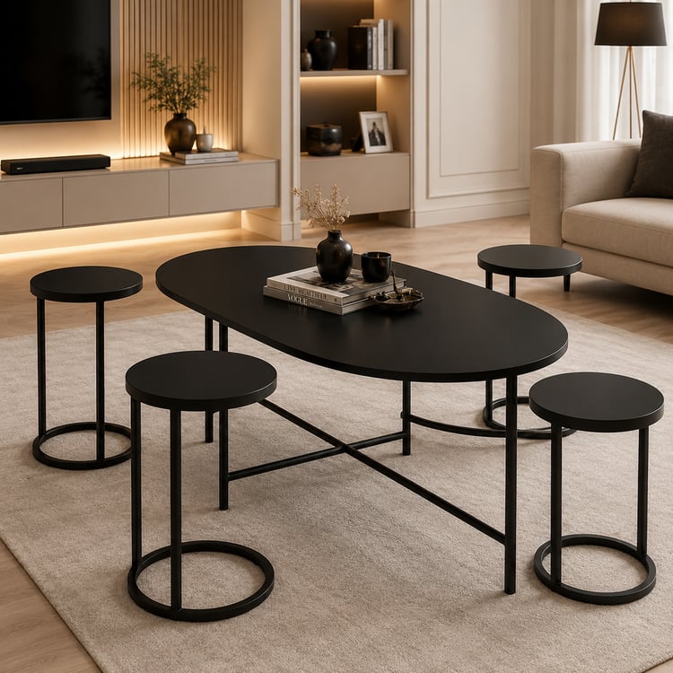طقم طاولات ضيافة نيمورا 1+4 قطع  بيضاوي ومدورة معدنية فاخرة بتصميم مودرن أنيق لطاولات القهوة والمجالس وغرف المعيشة والاستقبال