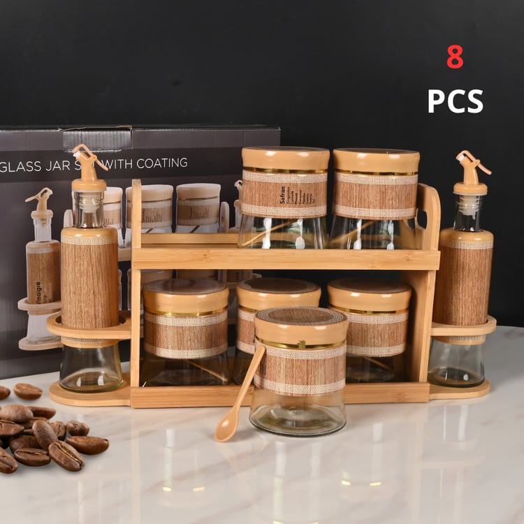 طقم علب بهارات 8 قطع مع حامل خشبي زجاج شفاف مع غطاء بلاستيك بيج – تنظيم مثالي للمطابخ والتوابل 