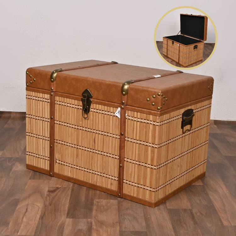 صندوق سجاد خشب ملبس جلد 60×40×41 سم مستطيل لون بني – صندوق تخزين وتنظيم كلاسيكي أنيق بتصميم فاخر وغطاء متين