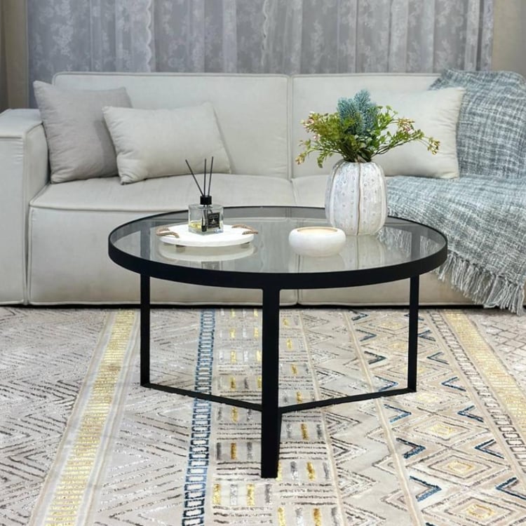 طاولة قهوة فاليرون مدورة 80×80 سم – طاولة ضيافة وسط بسطح زجاج فاخر بتصميم مودرن أنيق لغرف المعيشة والمجالس
