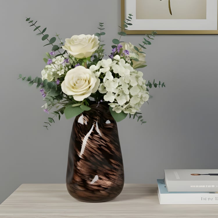فازة زجاجية ديكور راقية مقاس 32×14 سم  أسود مع بني لامع - مزهرية ديكور عصرية للمنازل والمكاتب