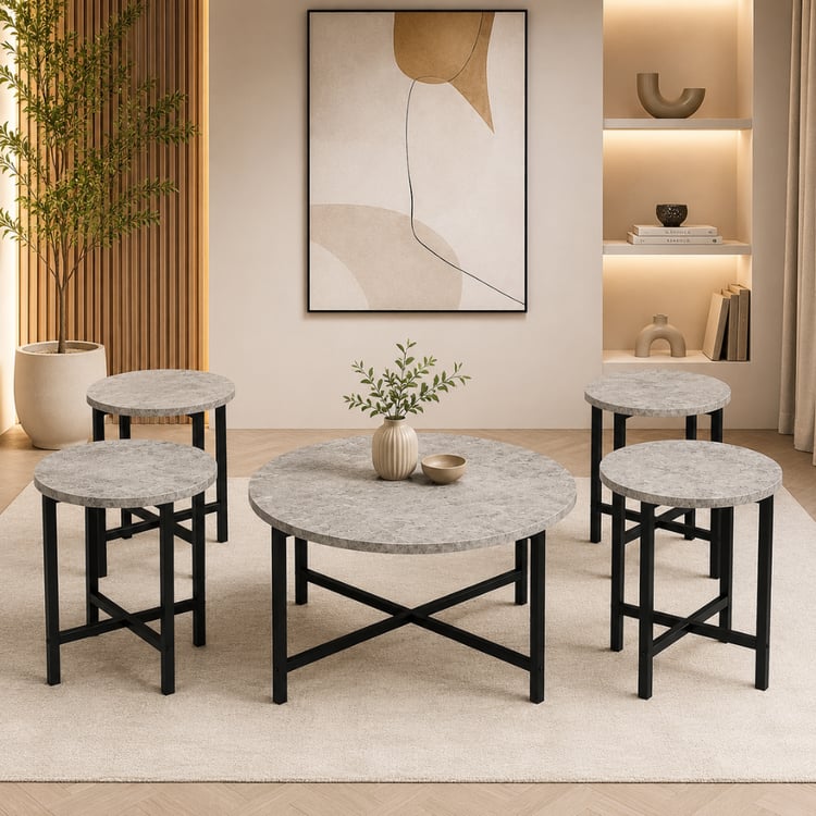طقم طاولات ضيافة كوالين الخشبية المدورة 1+4 قطع لون رمادي مع اسود – طاولات قهوة وشاي بتصميم مودرن راقٍ وخامات متينة للمجالس وغرف المعيشة والضيافة الفاخرة