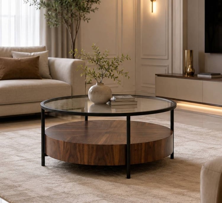 طاولة ضيافة زوليترا مودرن مدورة دورين 90 × 90 سم بسطح زجاج – طاولة قهوة وسط بتصميم عصري فاخر مع رف سفلي متعددة الاستخدامات لغرفة المعيشة والضيافة والديكور المنزلي