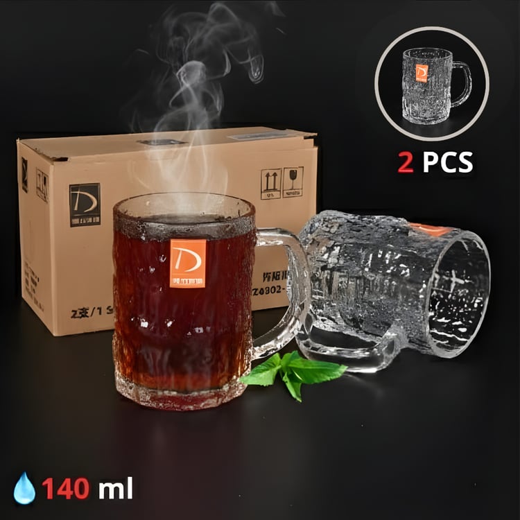 طقم أكواب شاي زجاج فاخر بمقابض أنيقة 2 قطع لون ثلجي – تصميم راقٍ لتقديم المشروبات الساخنة والباردة والضيافة العصرية