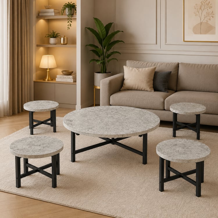 طقم طاولات أرضية زيفرو الخشبية الفاخرة المدورة 1+4 قطع لون رمادي – طاولات قهوة وشاي بتصميم عصري راقٍ للمجالس الأرضية والضيافة الأنيقة