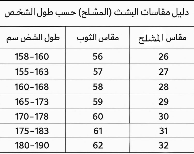  جدول مقاسات المشالح متجر العرب الماسي