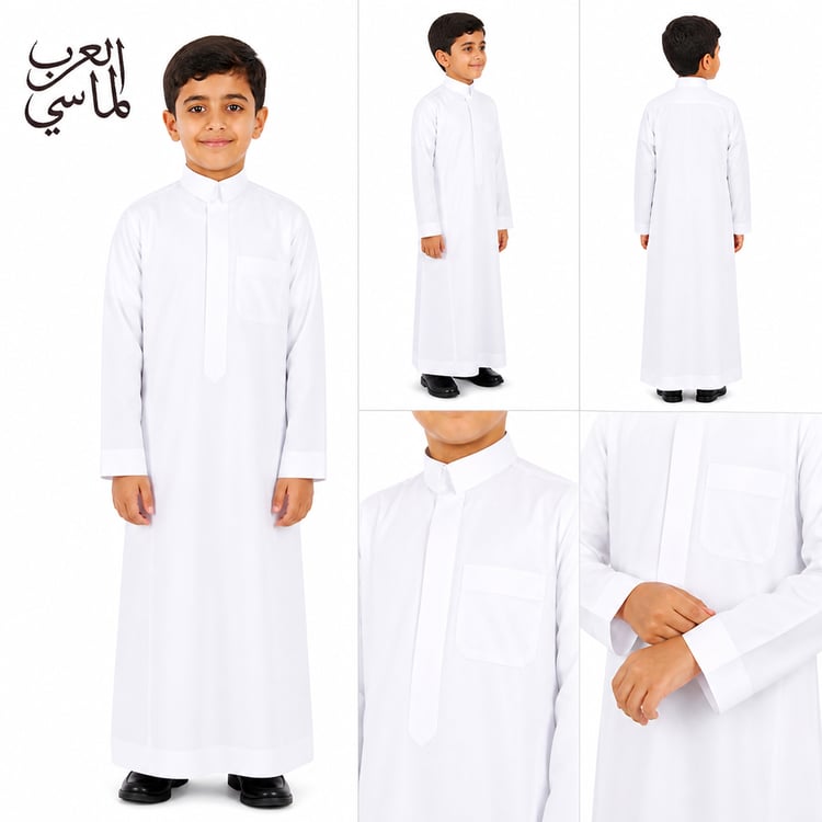 ثوب أطفال أبيض أنيق بتصميم سعودي كلاسيك – ثوب العرب متجر العرب الماسي