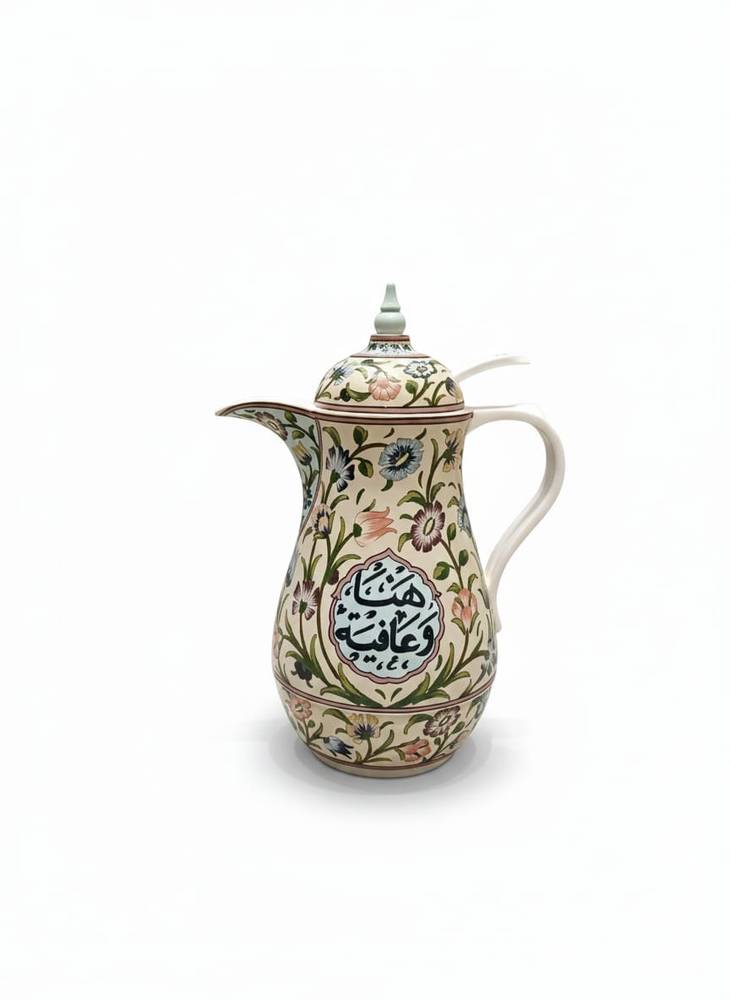 ترمس قهوه رسم يدوي لون بيج مع ازرق