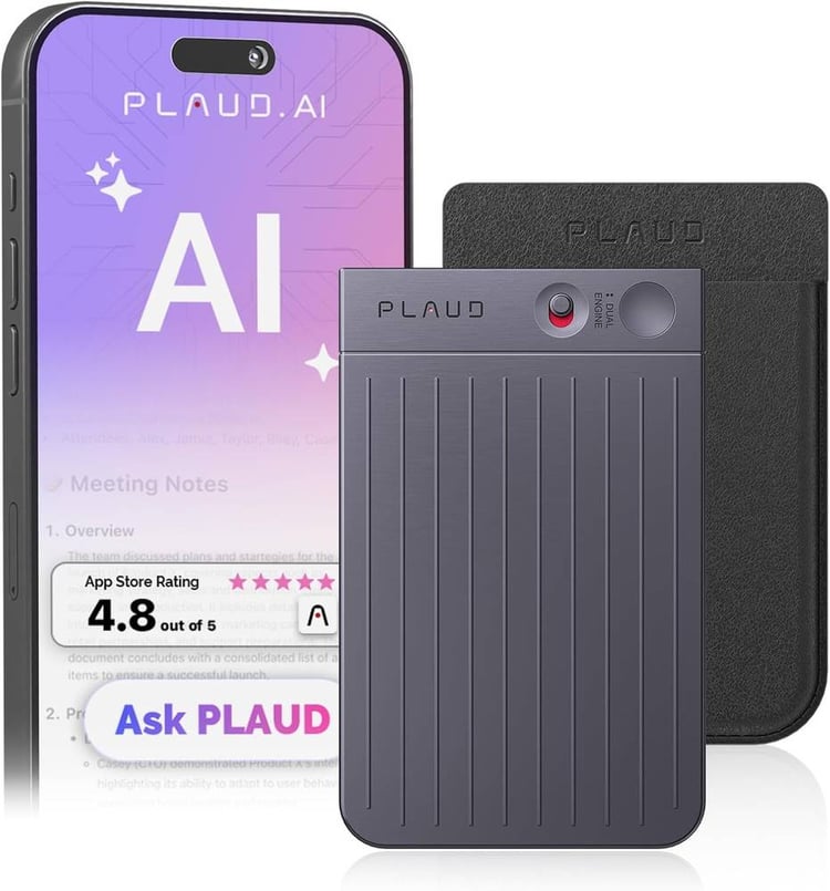 مسجل صوت ذكي PLAUD Note باللون الأسود مع حافظة مغناطيسية، يدعم النسخ و