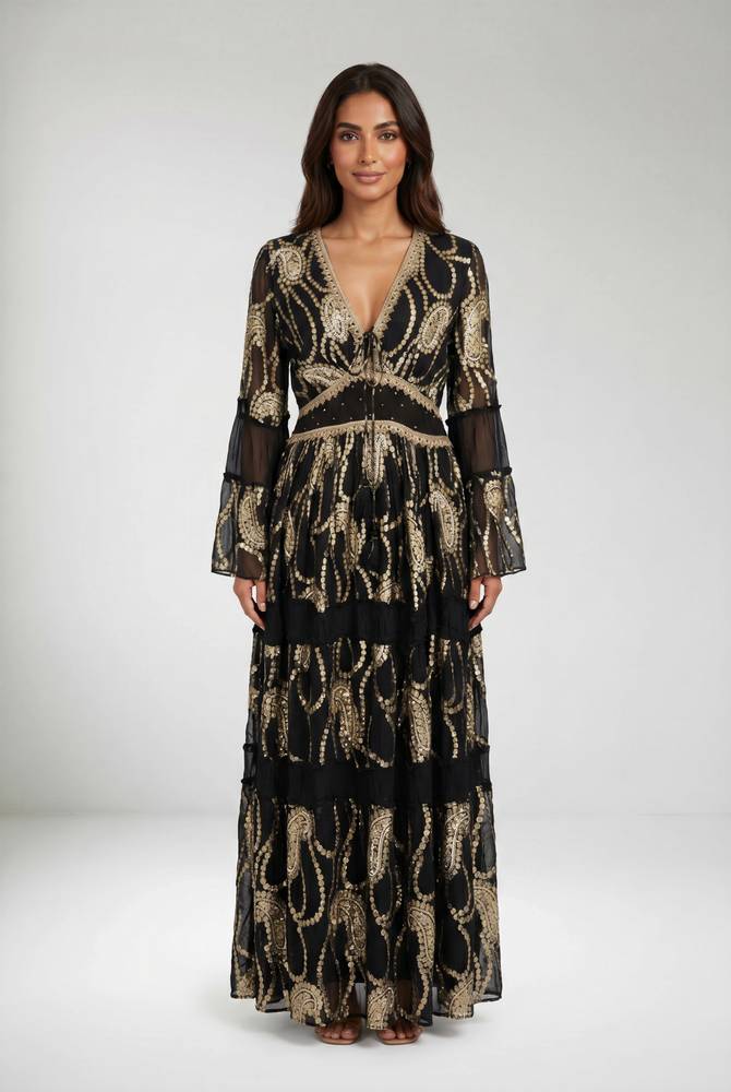 Bohemian Botanical Embroidered Tiered Maxi Dress