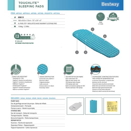 Bway Alpinelite Insulated Wide Mummy Sleeping Pad 183X63.5X7.5Cm