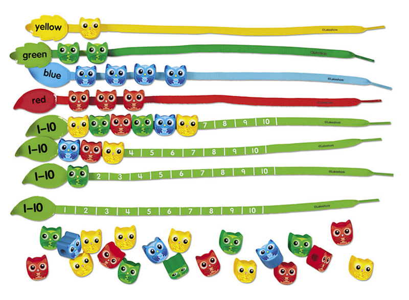 Learning Lacers – Colorful Owl Lacing Set (40 Plastic Owls & 8 Laces for Coordination, Colors & Counting)