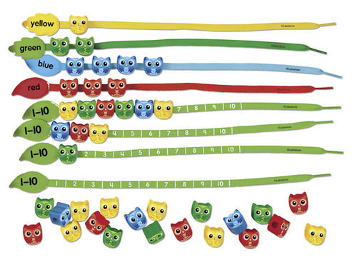 Learning Lacers – Colorful Owl Lacing Set (40 Plastic Owls & 8 Laces for Coordination, Colors & Counting)