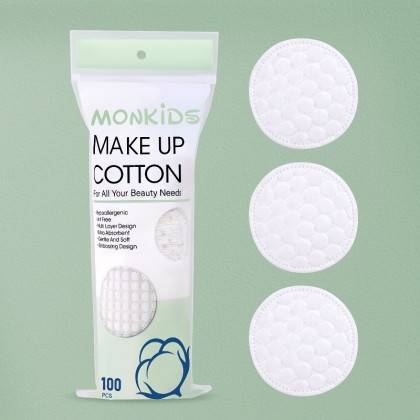 Monkids Round Facial Cotton Pads, 100 Count Side Sealed Cotton Pads with 3D Pearl Pattern