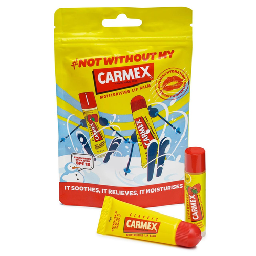 Carmex Autumn/Winter Lip Balm Pouch (1x Classic Tube & 1 Strawberry Stick) Softens & Hydrates Lips