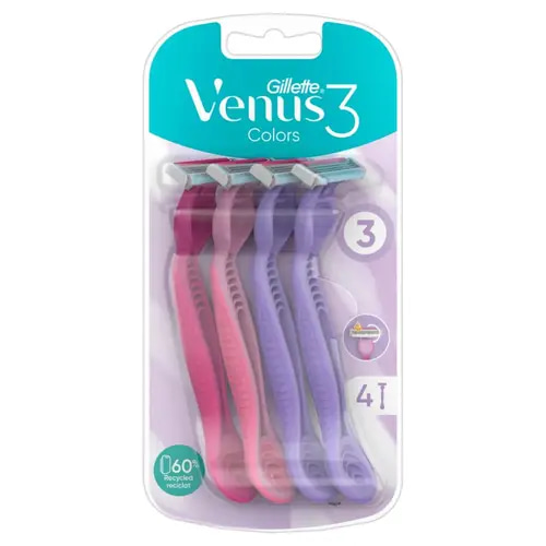 Gillette Venus 3 Disposable Razor for Women with 3 Blades and Lubrication Strip, Pack of 4 Razors