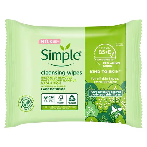 Simple Gentle Cleansing Wipes, Biodegradable, 25 Wipes