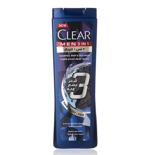 Clear 3 in 1 Gentle Face & Body Wash & Shampoo with Activated Charcoal 400ml