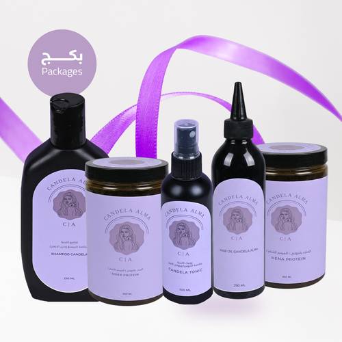 البكج المتكامل للشعر ( حناء علاجي + سدر علاجي + زيت كانديلا  + تونيك انبات الشعر  + شامبو طبيعي )