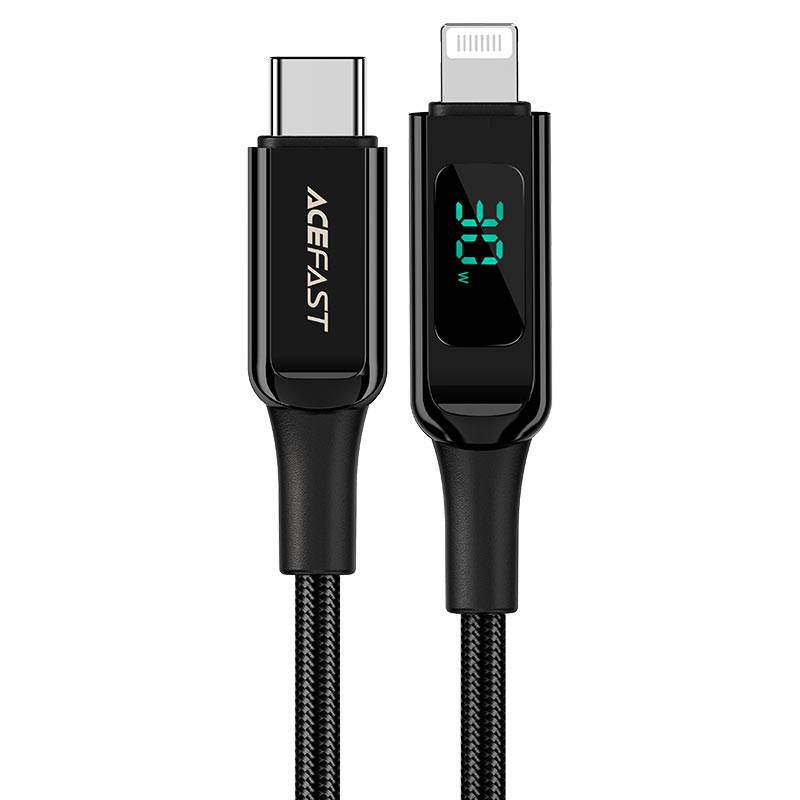 كابل بيانات ACEFAST USB-C إلى Lightning مضفر بشاشة رقمية من سبائك الزنك بطول 1.2 متر/3.9 قدم، أسود
