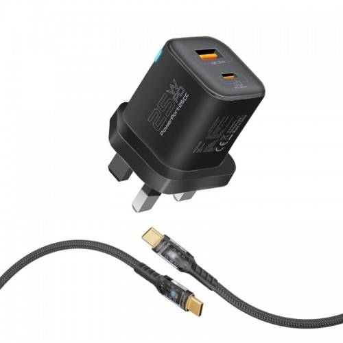 محول بروميت 2 في 1 بمنفذين، كابل USB-C بقوة 25 وات، أسود