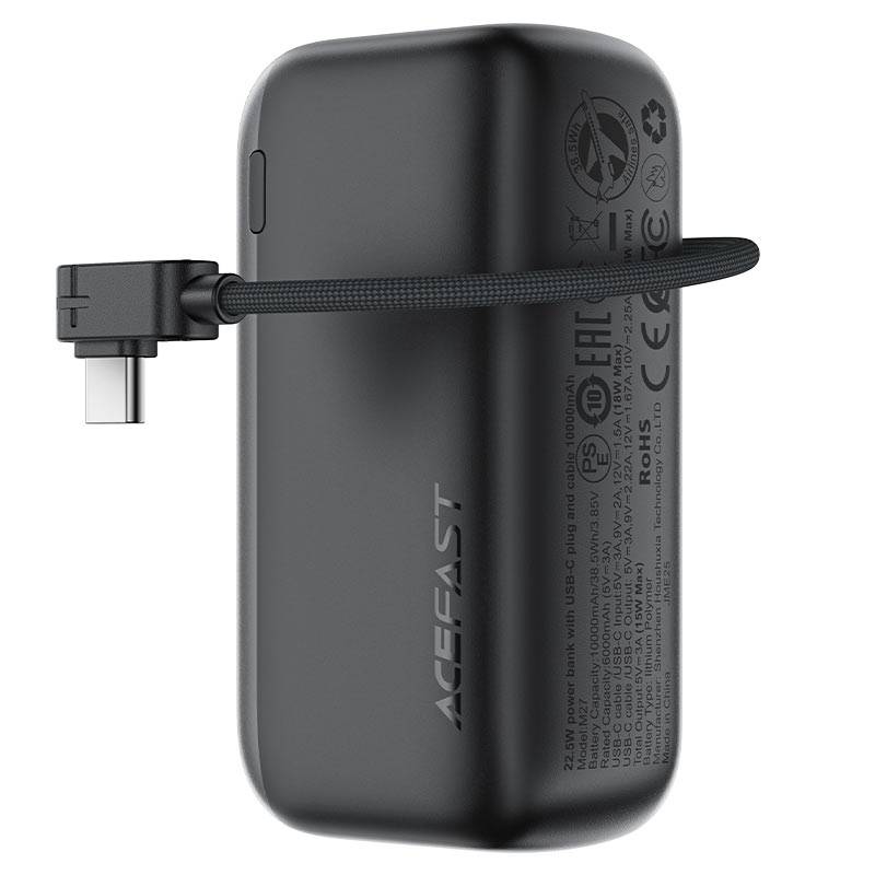 باور بانك سريع ACEFAST بسعة 10000 مللي أمبير، مزود بكابل شحن USB-C مدمج/حبل تعليق
