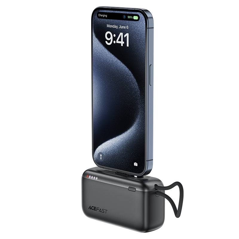 باور بانك سريع ACEFAST بسعة 10000 مللي أمبير، مزود بكابل شحن USB-C مدمج/حبل تعليق