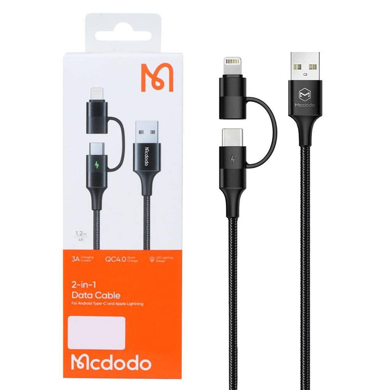 كابل MCDODO Atom Series 2 في 1 Lightning+Type-C بطول 1.2 متر مع مصباح LED أسود