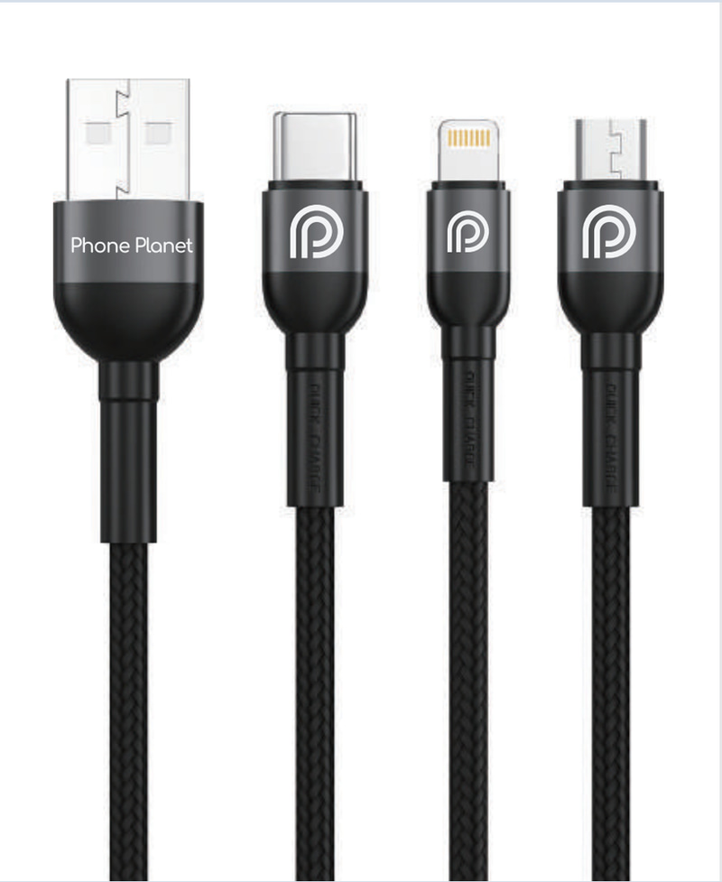كابل جديد من Phone Planet USB-A إلى 3 في 1 باللون الأسود