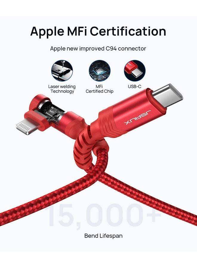 كابل JSAUX MFi USB-C إلى LIGHTNING بطول 1.8 متر بزاوية 90 درجة باللون الأحمر