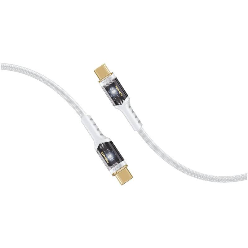 كابل USB-C شفاف عالي الشد من بروميت مع إضاءة LED 100 واط بطول 1.2 متر أبيض