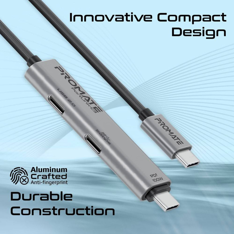 كابل بيانات وشحن بروميت 3 في 1 بمنفذ USB-C مزدوج بطول 1.5 متر وقوة 100 واط