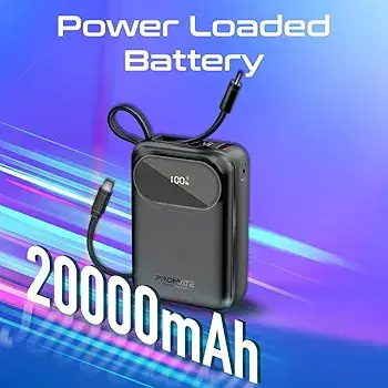 باور بانك بروميت سوبر سبيد، كابل USB-C مدمج، 20000 مللي أمبير/ساعة، أسود