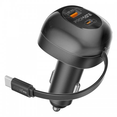 شاحن سيارة متعدد المنافذ من بروميت، كابل USB-C قابل للسحب - 62 واط (106114)