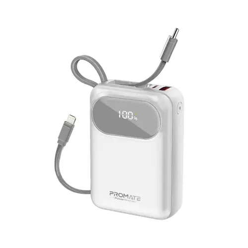 PROMATE SUPER SPEED POWERBANK BUILT-IN USB-C CABLE 20000 MAH WHITE
