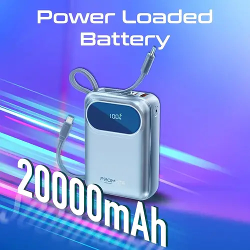 باور بانك بروميت سوبر سبيد، كابل USB-C مدمج، 20000 مللي أمبير/ساعة، أزرق
