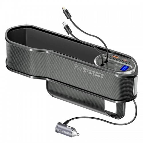 PROMATE 65W Multi-Functional car organizer charging station with USB-C & LIGHTING retractable cabels BLACK (10669)