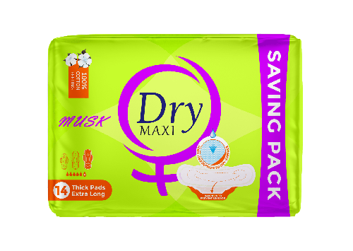 Dry Maxi Musk Thick Sanitary Pads for Menstruation - Value Pack - 14 Pads - Extra Long