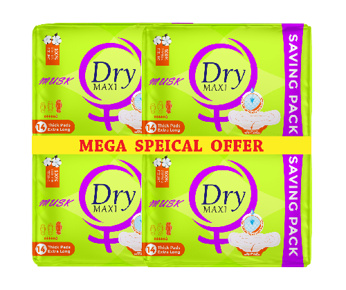 Dry Maxi Musk Thick Sanitary Pads for Menstruation - Mega Savings Offer - 56 Pads - Extra Long Size