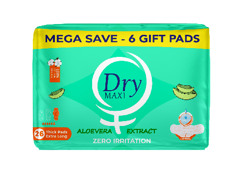 Dry Maxi Aloe Protect Thick Sanitary Pads for Menstruation - 20 + 6 Free Pads - Extra Long - Mega Savings