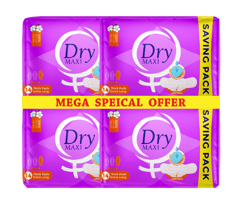 Dry Maxi Thick Menstrual Pads - Mega Savings Offer - 56 Pads - Extra Long