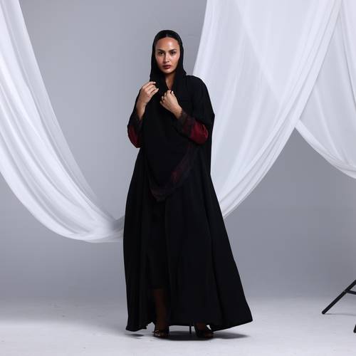 black crepe abaya with maroon lace cuffs