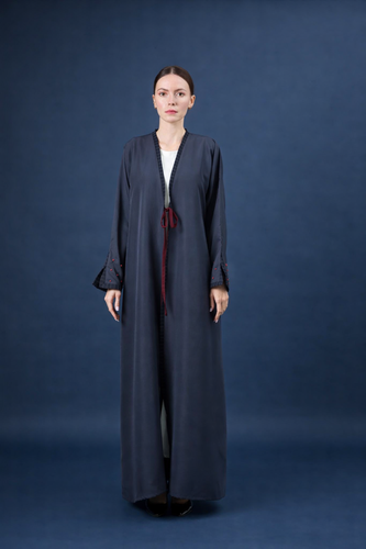 Blue crepe abaya with red ribbon detail