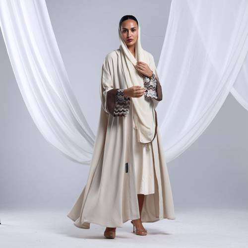  Beige Abaya In  Brown Chevron 