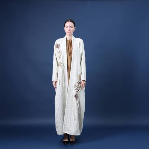Cream textured abaya with geometric embroidery