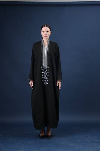 Black Textured Abaya with silver Naqda detailing