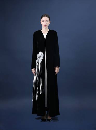 Black abaya with white floral appliqué