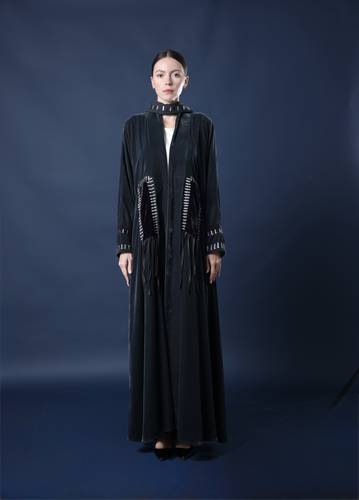 Grey X Purple striped embroidered abaya