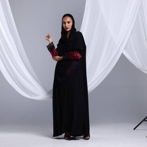  Black crepe Abaya with maroon lace cuffs 