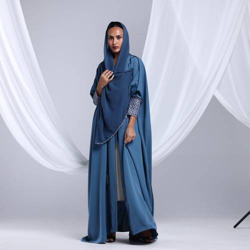 Teal Blue Abaya with patterned Sleeves 
